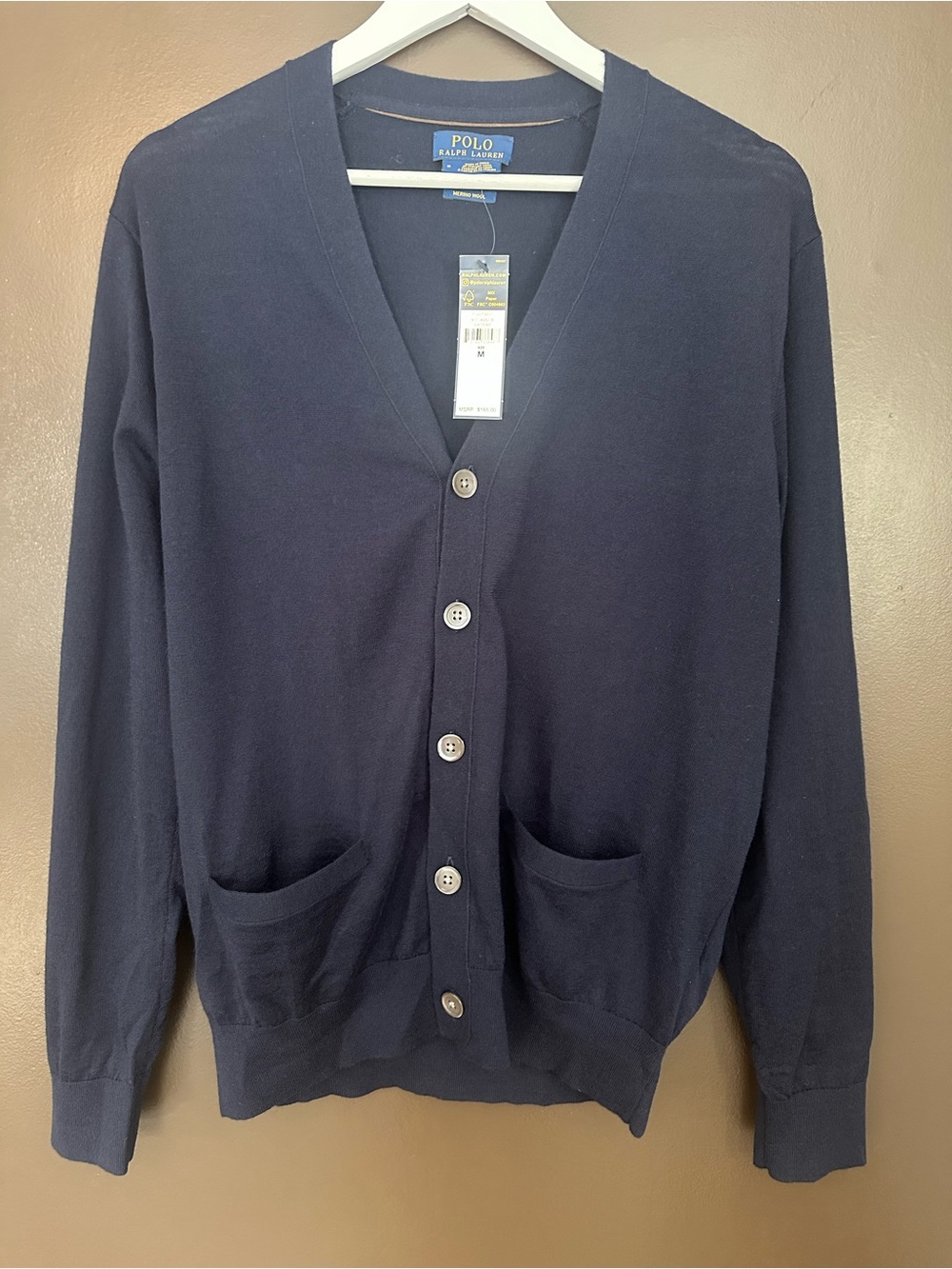 POLO RALPH LAUREN Vneck Merino Wool Suede Elbow Patch Cardigan Defect Medium